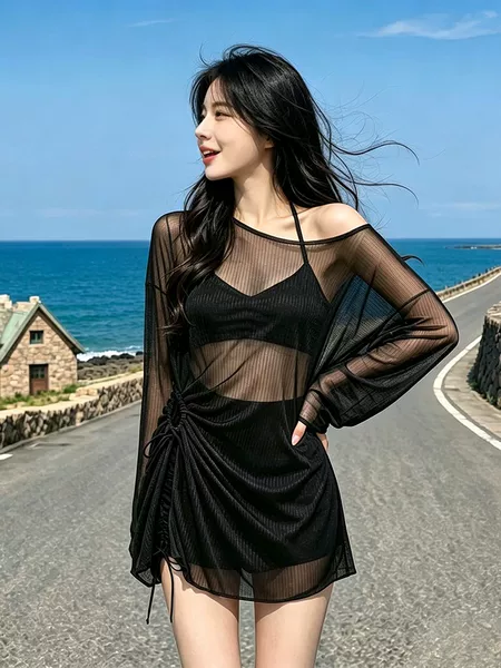 New Style Women's Three-Piece Set, Slightly Plus-Size Long-Sleeve Cover-Up, Conservative Slimming Beach Spa Resort Swimsuit for Women Wholesale
