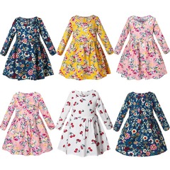 Cross-border spring and autumn girls pure cotton long-sleeved dress children's floral dress baby Korean printed princess skirt