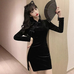 黑色旗袍年轻款2025年新款秋季少女改良版修身连衣裙小个子短款冬