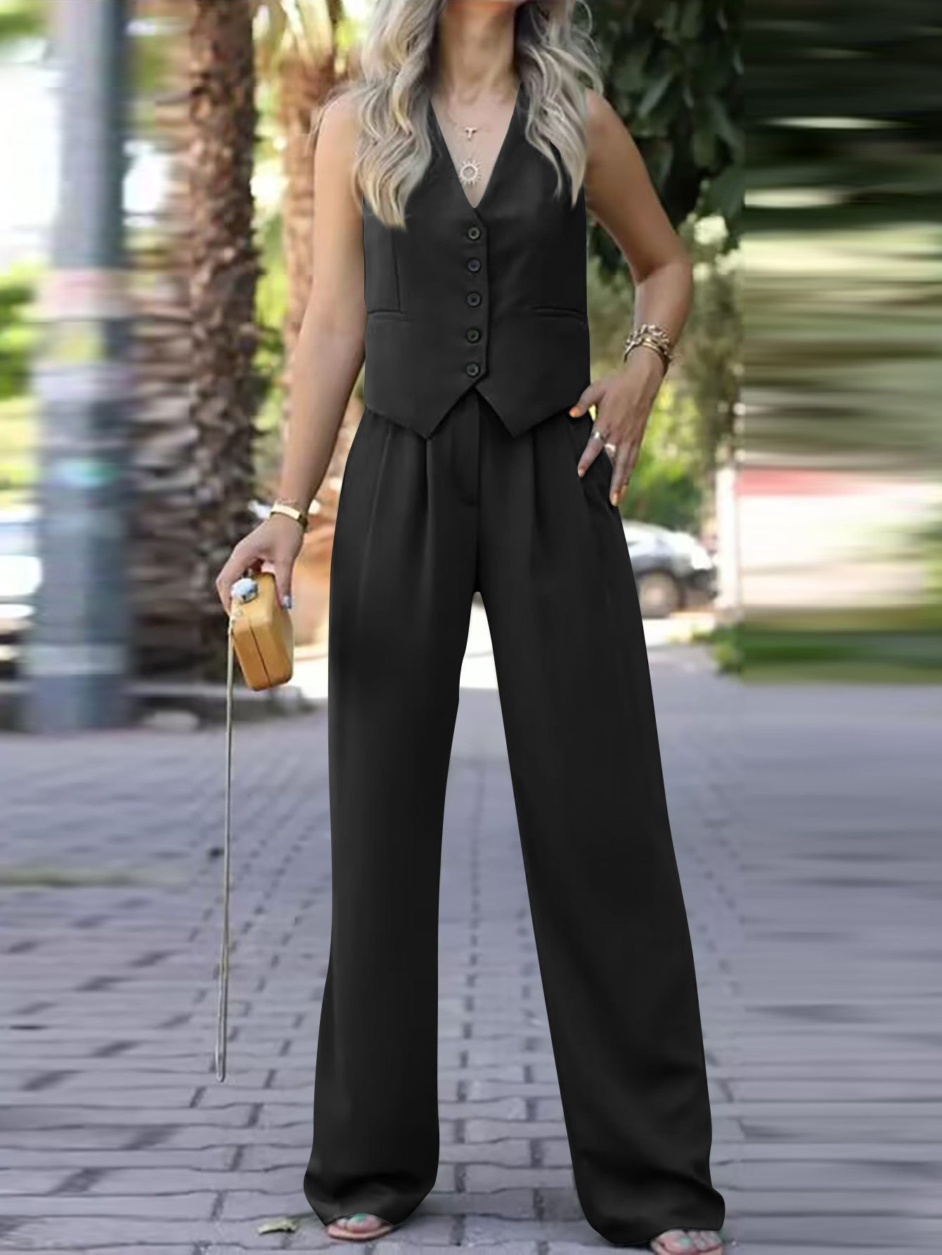 491g Weight Vest Outerwear Type Sleeveless Sleeve Length Polyester Fabric Type Blazer Suits Co-ord Set Sets Type 2 Pieces Set Quantity Casual Occasion V Neck Neckline Slim Fit Type Solid Color Pattern Spring Season Women's Gender Casual Style Casual Women's Casual Solid Color Polyester Blazer Suits Co-ord Set Pants Sets 3