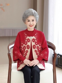 妈妈秋装婚宴唐装开衫奶奶毛衣两件套装中老年人女冬季加绒上衣