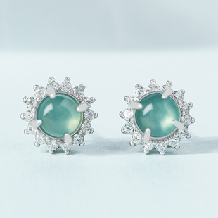 Genuine natural A goods jade blue water earrings ice jade stone S925 silver inlaid fashion high-end women's earrings wholesale