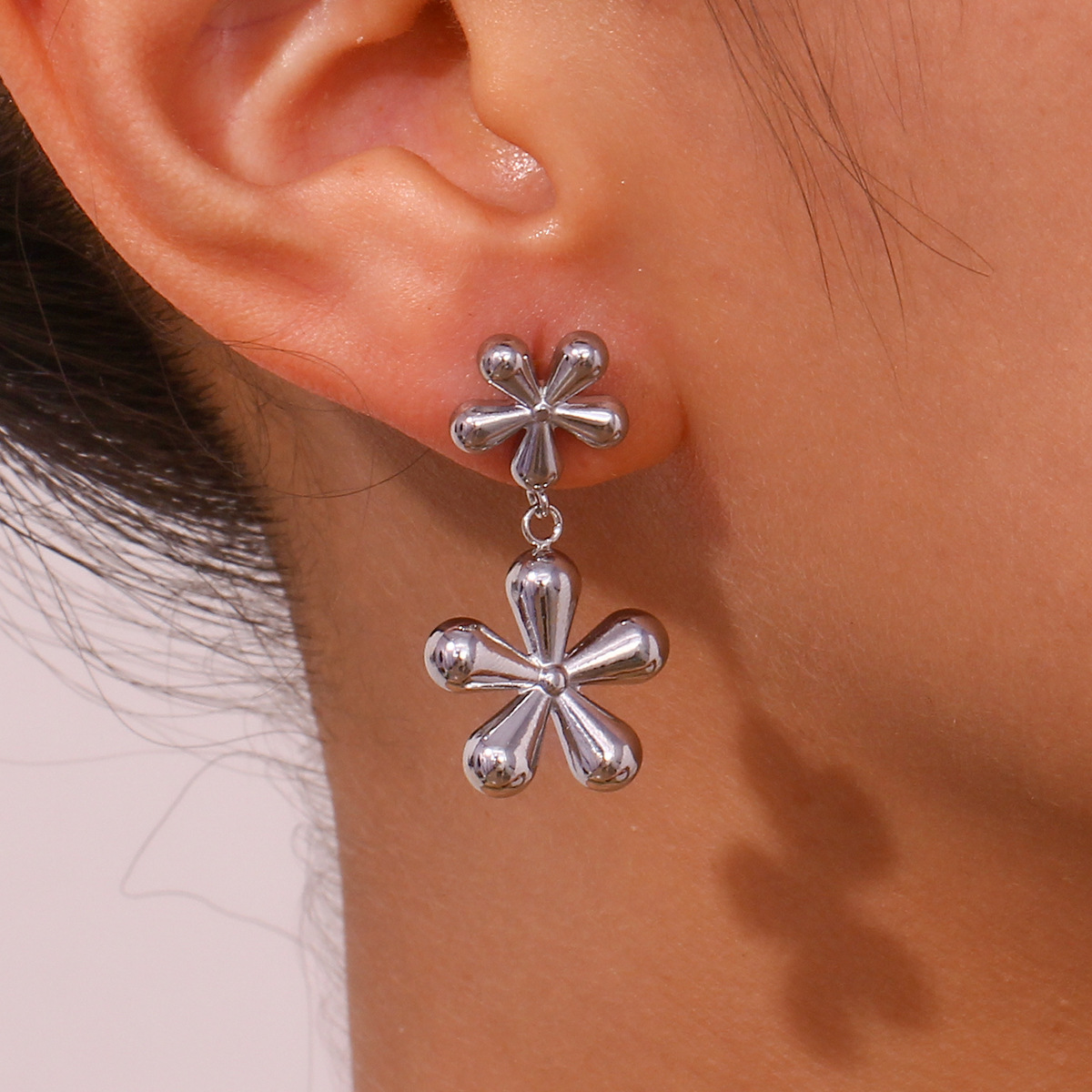 Two Small Flower Pendant Stainless Steel Earrings