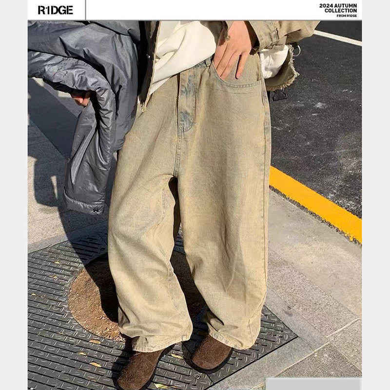 American Style Vintage Washed Old High Street Yellow Mud Jeans for Men and Women Niche All-match Straight Loose Wide-leg Pants