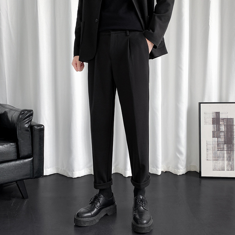 裤子男痞帅九分轻熟风男装直筒宽松垂坠感阔腿小西装裤毛呢裤子