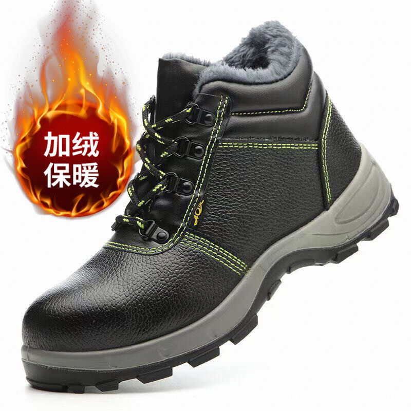 Labor protection shoes with velvet in winter to keep warm, anti-smash and anti-stab solid outsole wholesale wear-resistant safety shoes steel toe cowhide shoes