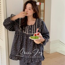 秋季新品韩版甜美碎花睡衣少女风方领套头长袖长裤纯棉家居服套装
