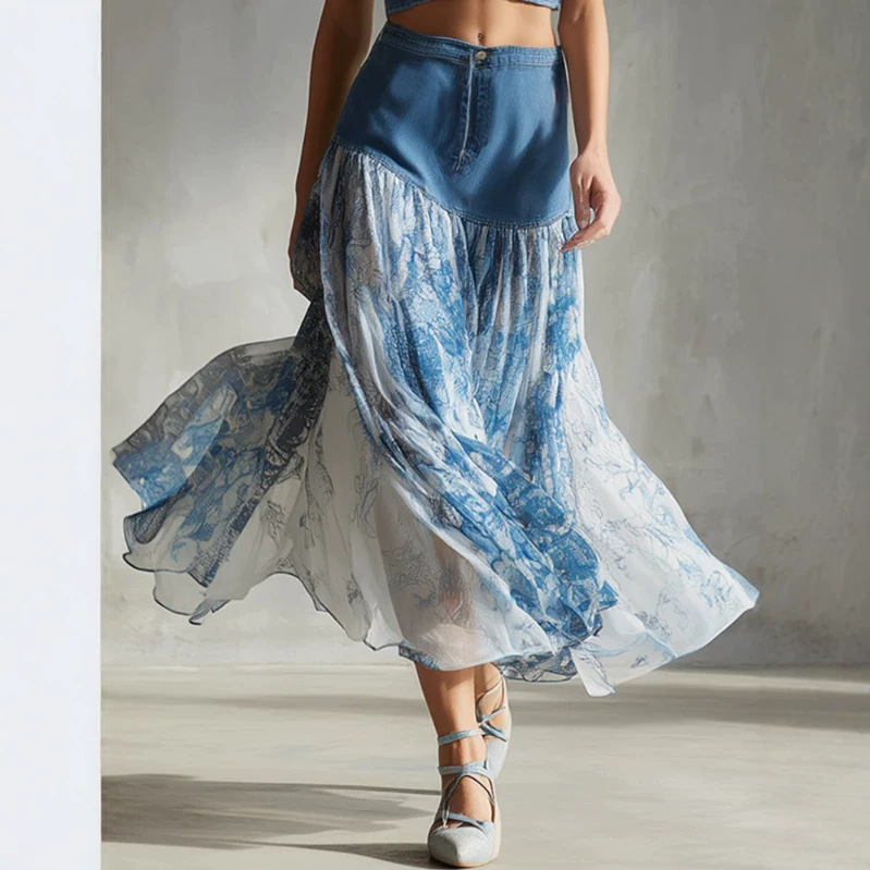European and American Cross-Border Independent Website Vintage Resort Style Blue Denim Patchwork Printed Chiffon Midi Skirt European and American Cross-Border Independent Website Vintage Resort Style Blue Denim Patchwork Printed Chiffon Midi Skirt