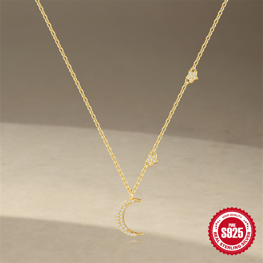 Lujo ligero transfronterizo europeo y americano uso diario de plata de ley s925 salvaje luna de cinco puntas collar de diamantes