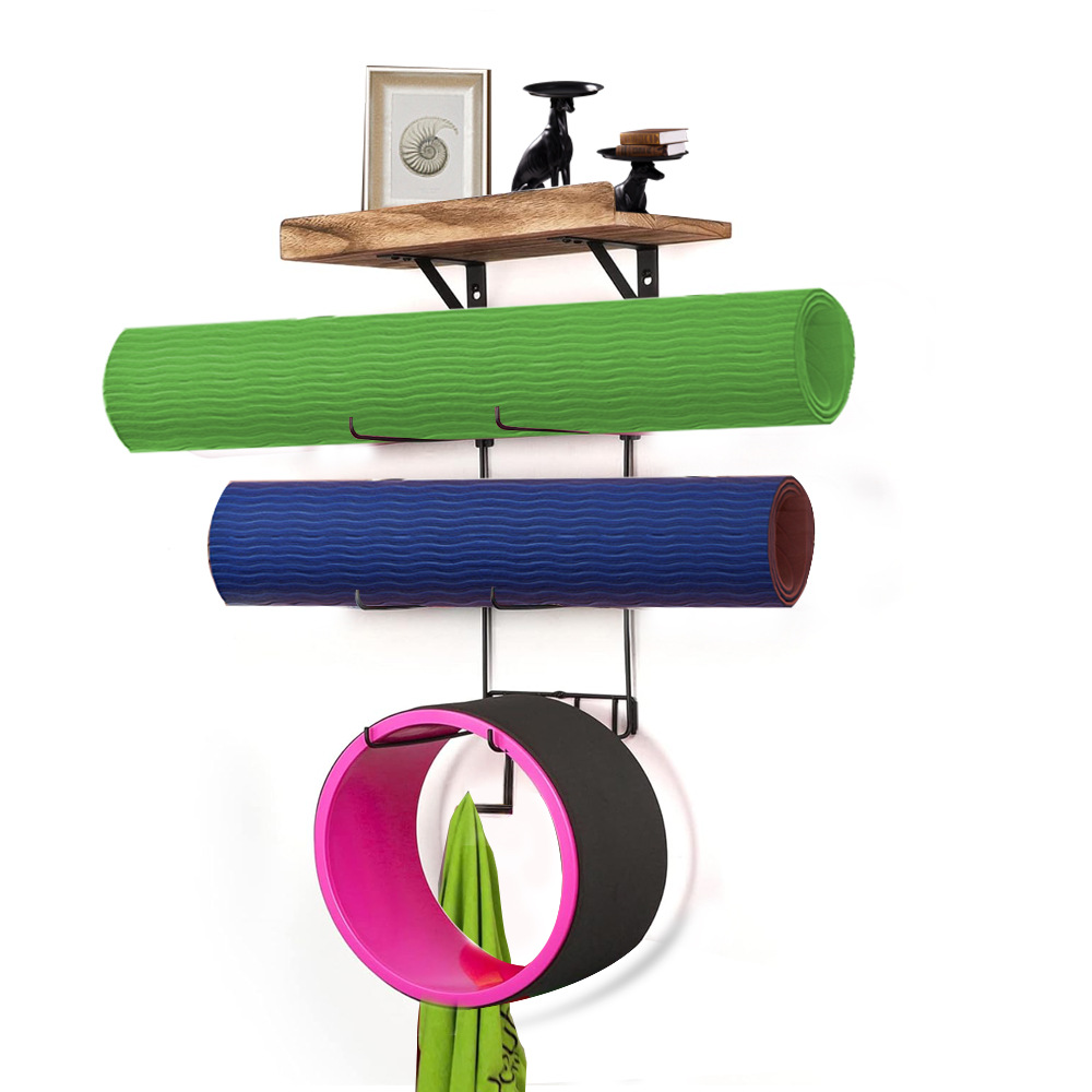 Bamboo Wooden Yoga Mat Holder Wall Mounted Top Shelf Rack and Gym Accessories Holder Gym Organizer