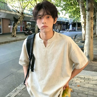 莱赛尔天丝仿亚麻短袖男生夏季薄款新中式透气t恤老钱风棉麻半袖