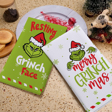 亚马逊圣诞节厨房毛巾卡通印花华夫格清洁毛巾用餐装饰防污擦手巾