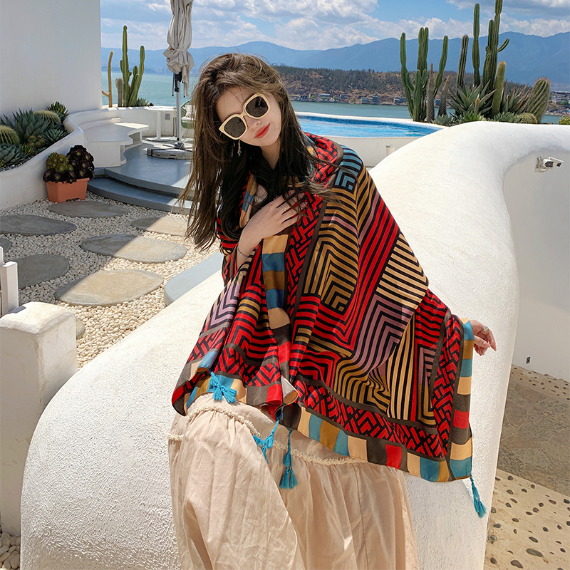 2023 nuevo color geométrico a juego rayas de algodón y lino sensación bufanda viaje toalla playa estilo étnico al aire libre decorativo chal