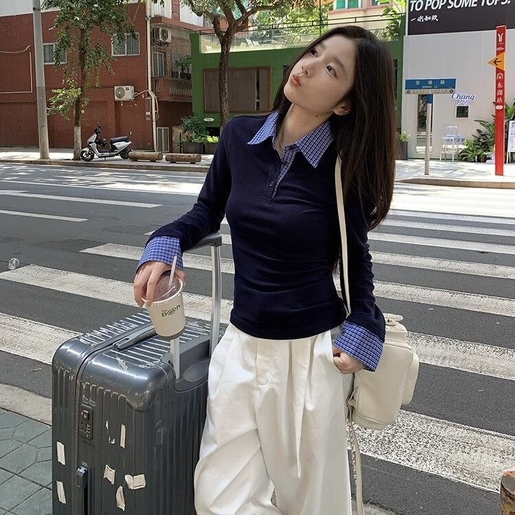 韩系格子拼接Polo领假两件针织衫女装早秋新款休闲设计感显瘦上衣|undefined