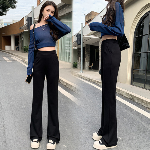 Actual shot of women's spring and summer loose straight high-waisted drapey floor-length pants with flares for small people