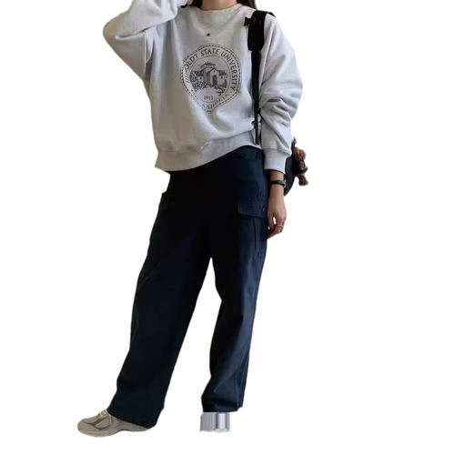 Korean version of oversize round neck sweatshirt for women early autumn new velvet niche design loose long-sleeved top