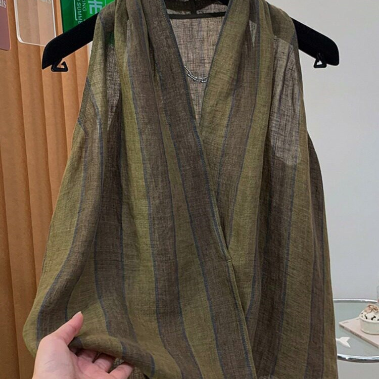 Linen Green Striped Sleeveless Shirt for Women, Summer Design with V-Neck, French-Style Pleated Halter Neck Top