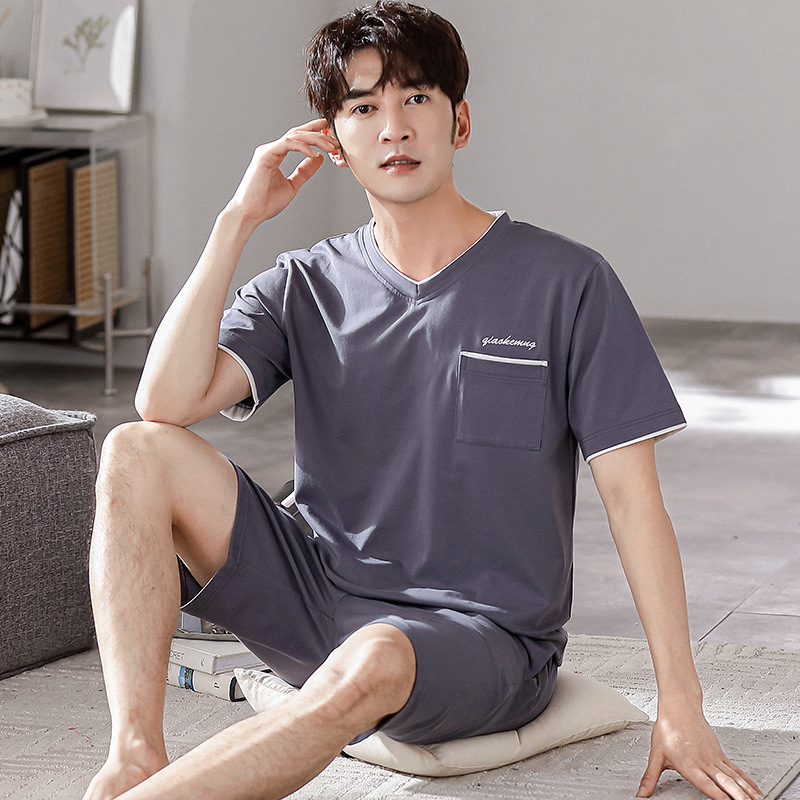 Summer Modal pajamas men short sleeve shorts Korean version simple solid color home wear youth crewneck summer set