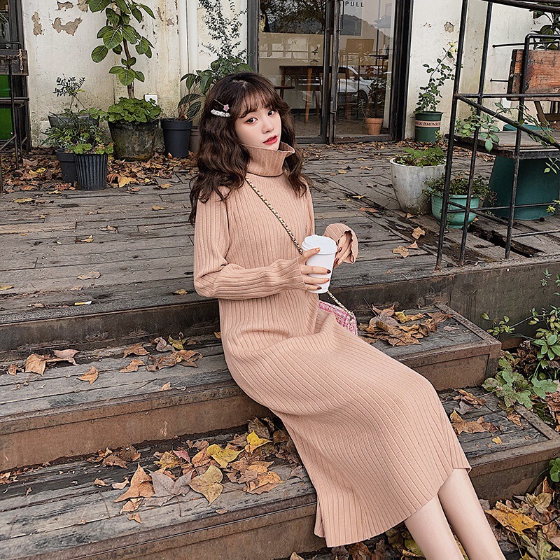 Autumn and winter women's turtleneck ultra-long over-the-knee knitted jumpsuit pure dress Lady bottoming sweater dress with overcoat dress