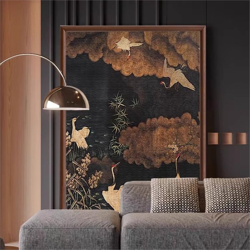 法式复古新中式客厅中堂装饰画仙鹤中古风沙发背景墙装饰遮挡挂画