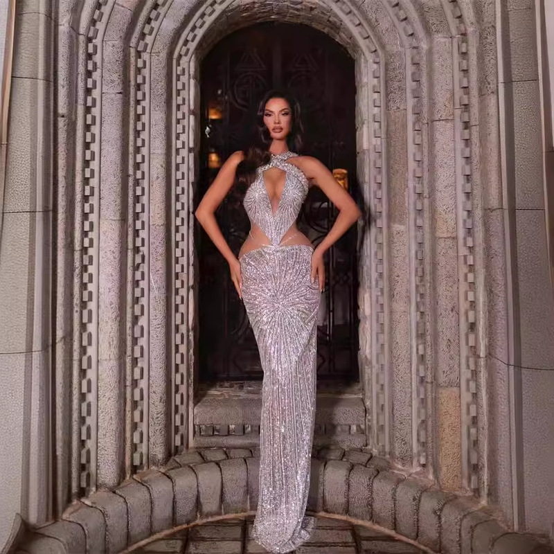 Foreign Trade Fashion Design Backless Neck Sleeveless Slim-fit Sequins Long dress Party Evening Dress Women's Wear