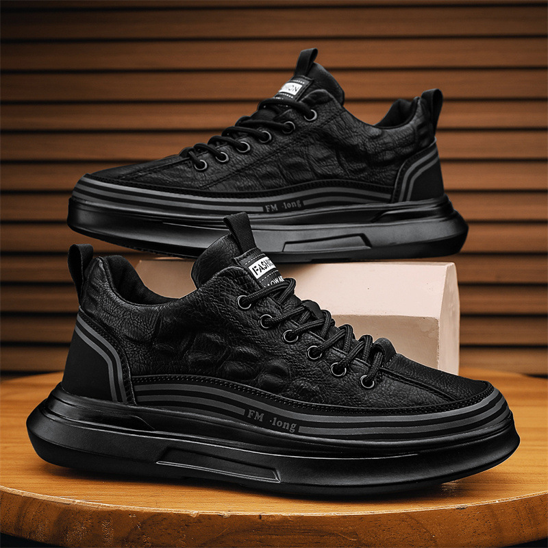 四季款鳄鱼纹学生潮鞋户外系带款厚底运动鞋时尚黑色休闲跑步男鞋