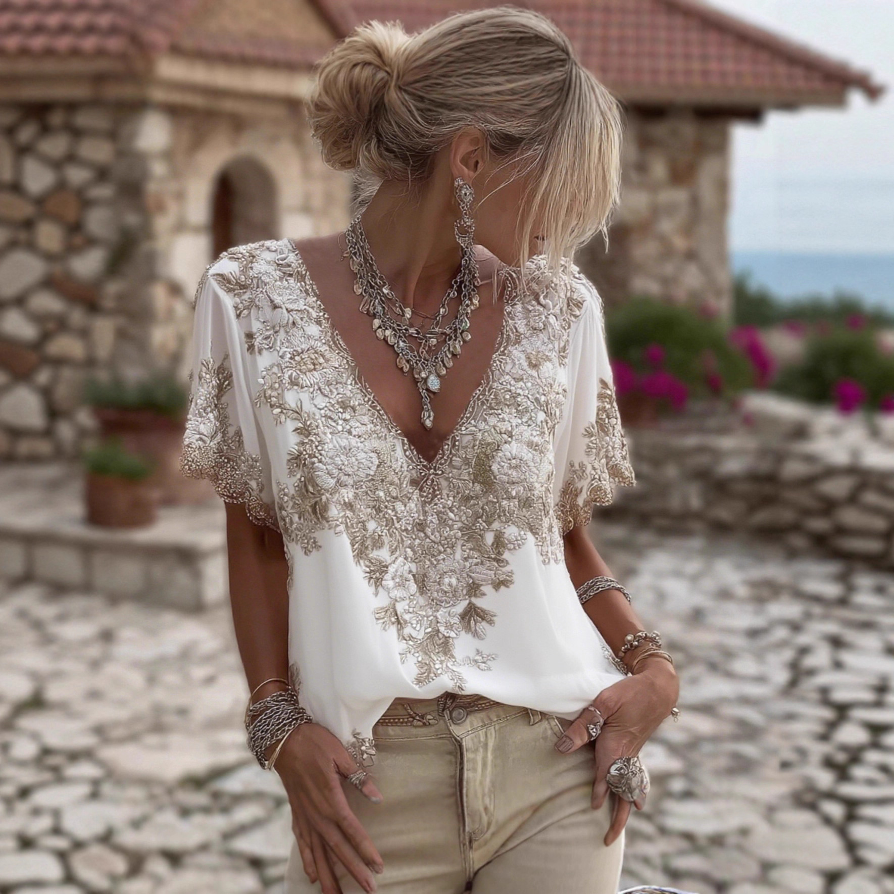 Women's Light Blue Floral Embroidered Blouse - Boho V Neck Short Sleeve Sheer Top For Casual Daily Summer Holiday_ecoleips.com