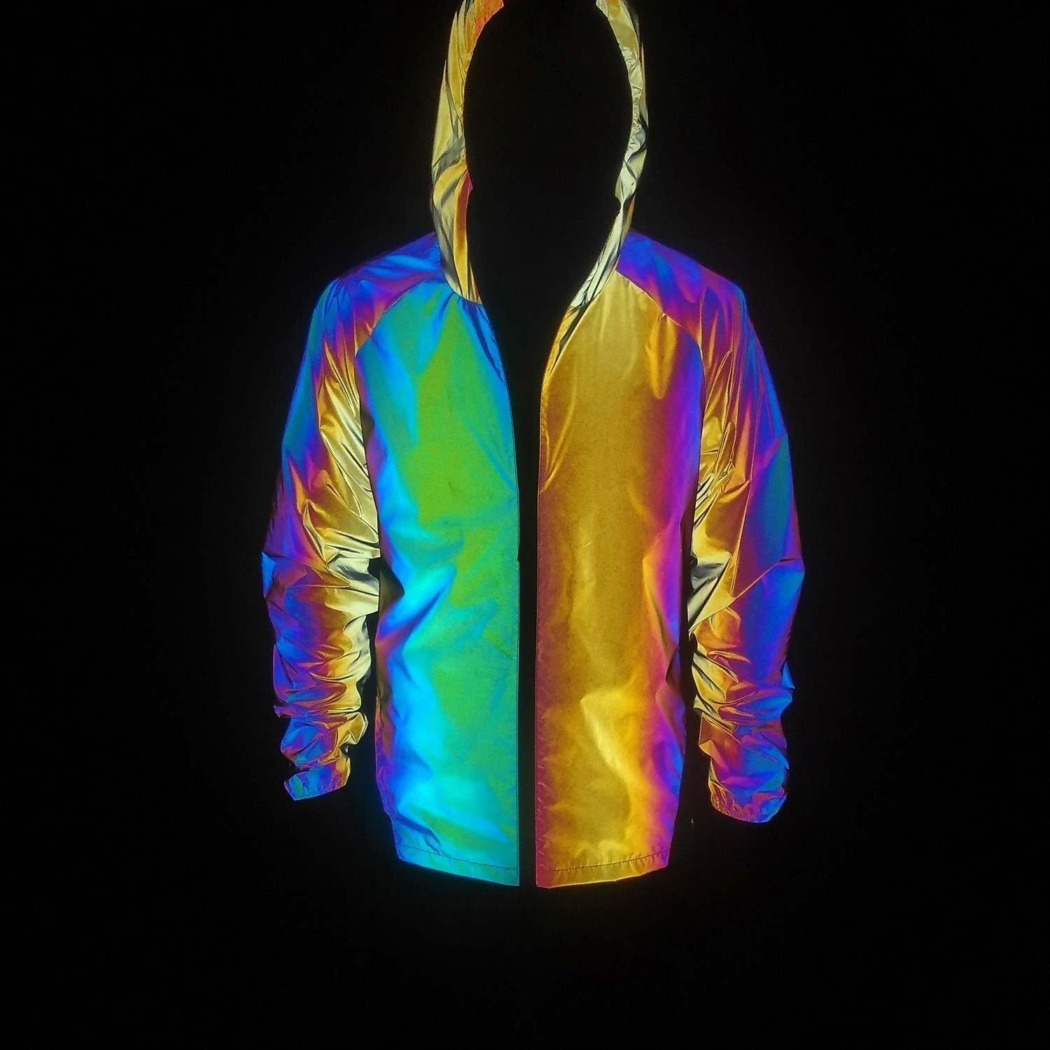 Abbigliamento da uomo, giacca riflettente colorata, sport all'aria aperta, con giunture in rete, giacca con cappuccio traspirante_voghion.com