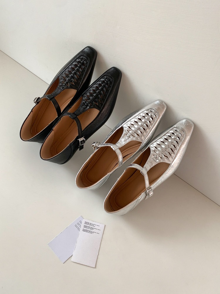 Giày Mary Jane nữ đan T-Strap da thật mũi vuông đế bệt — màu đen, bạc chi tiết 62