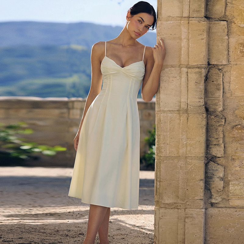 2026 nuevo estilo de verano europeo y americano de ropa de mujer elegante de color sólido cintura baja cintura de pescado vestido grande