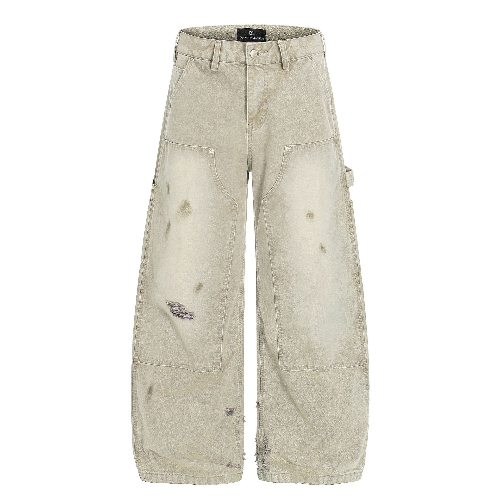 Unisex Oversized High-Street Deconstructed Jeans, Knife-Cut Saum, Vintage Wash, 100% Baumwolle, Grau, S-XXL_voghion.com