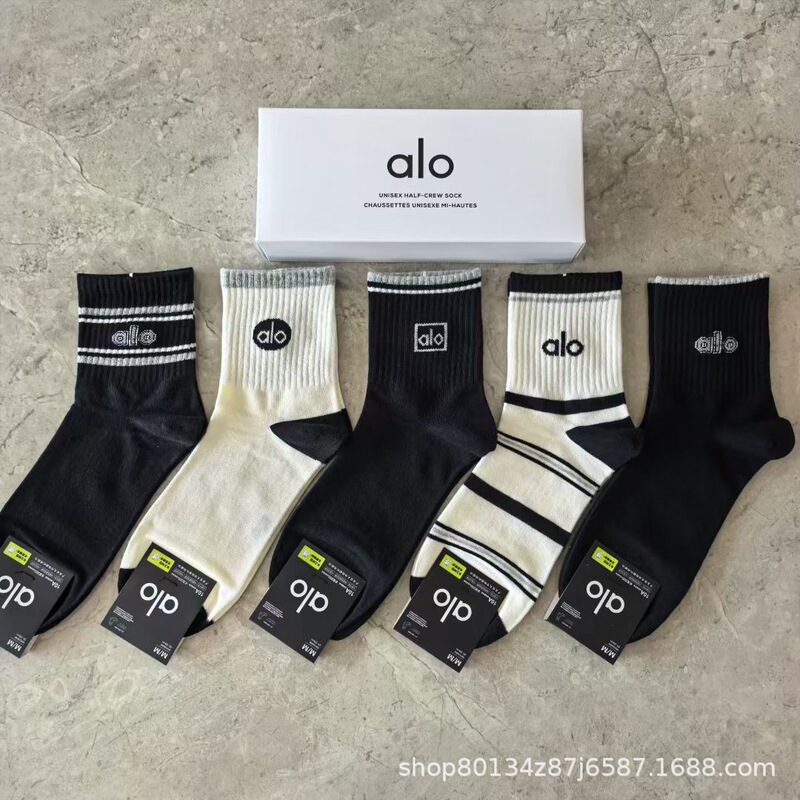 新品alo男女5双盒装运动短袜四季吸汗纯色网眼棉袜时尚男女情侣袜|undefined