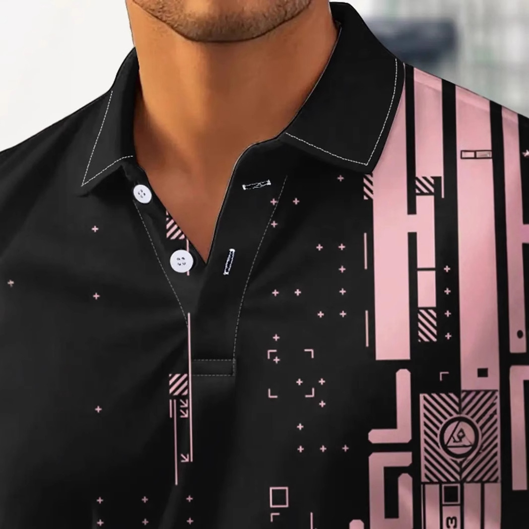 Tecnología geométrica patrón de color de contraste 3D impresión digital para hombres primavera y otoño suelta transpirable manga larga botones cuello POLO camisa