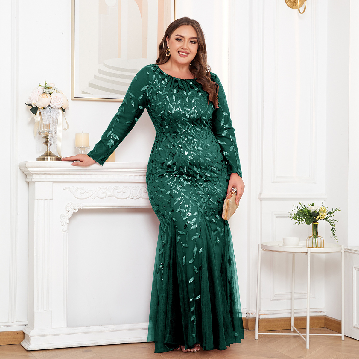 Vestido de noche bordado de talla grande, estilo europeo y americano, superventas transfronterizo 2026, de manga larga, cuello redondo, totalmente forrado, con cremallera trasera y corte de cola de pez.