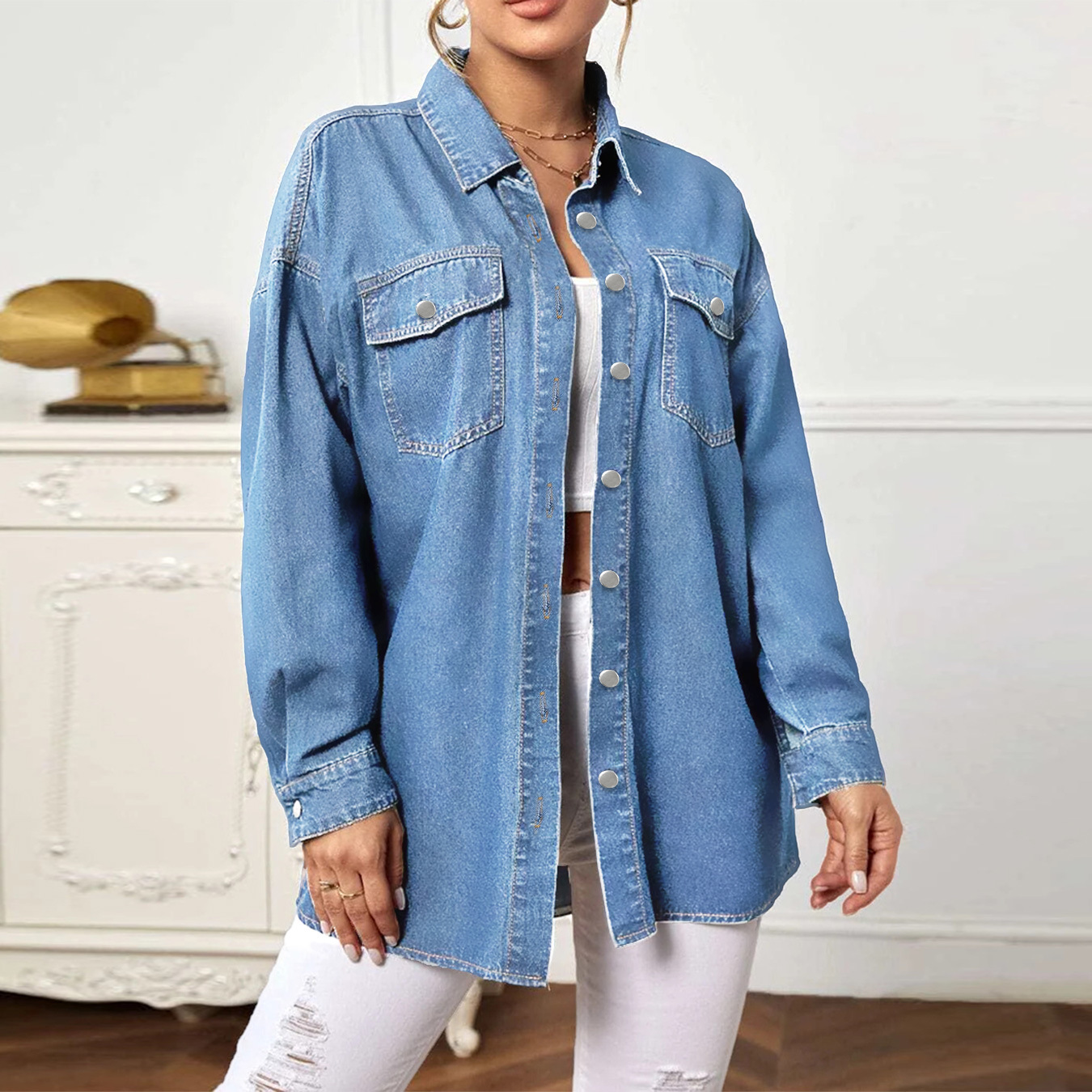 Amazon Europeo y Americano chaqueta de Mezclilla transfronteriza AliExpress deseo suelta camisa de Mezclilla larga para las mujeres