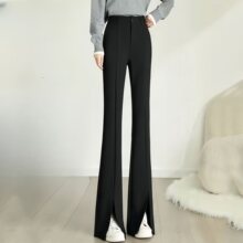 黑色前开叉微喇叭裤女2025新款高腰百搭简约通勤弹力休闲女士长裤