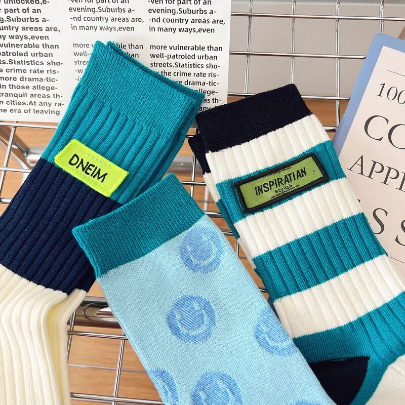 Heavy industry Label double needle jewelry socks Korean ins style Net red socks women contrast color striped mid-calf cotton socks Blue