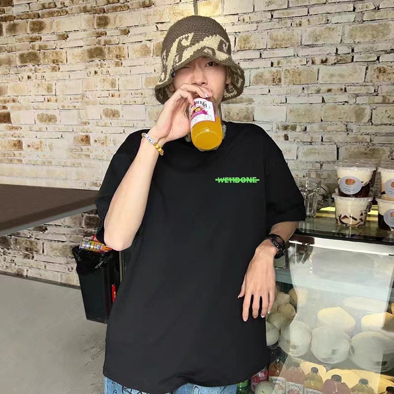 We11one夏の新型カラーライン粒子発泡純綿カジュアル半袖tシャツ男女カップルモデル
