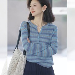 蓝色渐变条纹长袖上衣女2025新款韩系早秋穿搭轻熟巨好看的针织衫