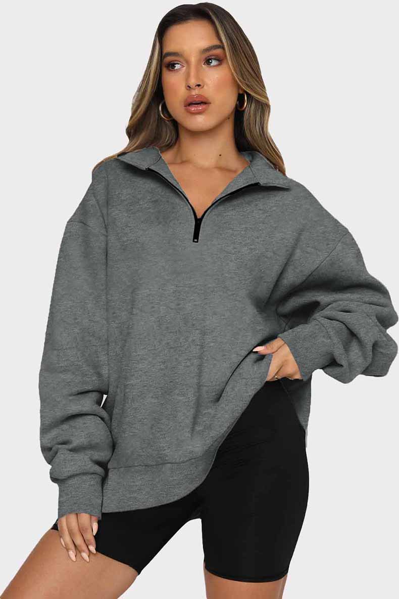 Zipper Collared Solid Color Loose Sweatshirt in Hoodies & Sweatshirts