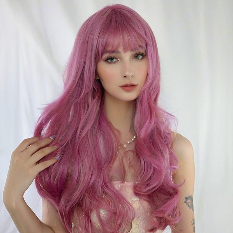 European and American Foreign Trade Colored Wigs, Thin Vine-Colored Long Curly Hair with Bangs, Large Waves, Synthetic Fiber Machine-Made Wigs, Factory Wholesale