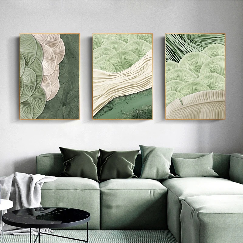 Clear Triple Abstract Green Ginkgo Leaf Spray Painting Creative Sofa Background Wall Decorative Painting Hanging Painting Oil Painting