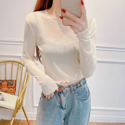 Mesh base shirt women's autumn long-sleeved Western-style thin transparent gauze inner layer short lace top with ruffled edges