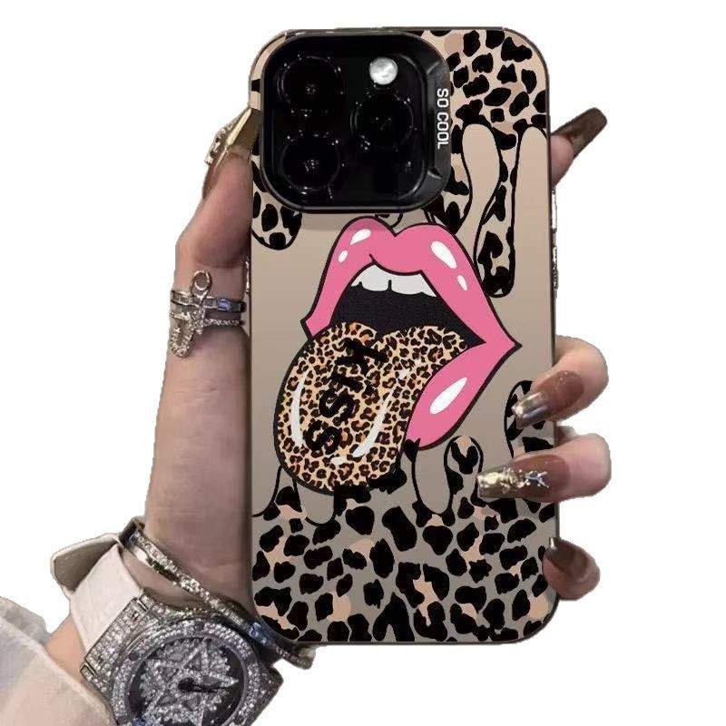 El estampado de leopardo con lengua es adecuado para la carcasa del teléfono móvil Apple 16Promax, la carcasa de gas de la personalidad iPhone15/14/13 texto 12