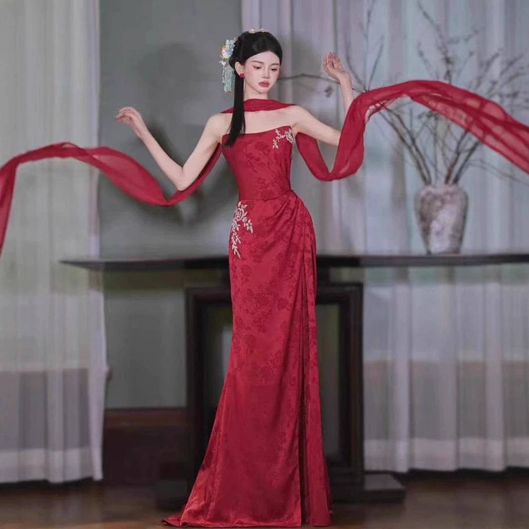 Новое китайское утреннее платье для женщин 2025 года, свадебное платье для помолвки, бордовое платье-топ для свадебного банкета и тостов