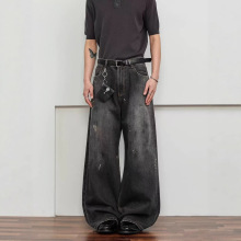 美式复古新款泼墨涂鸦设计牛仔裤男女街头宽松百搭直筒潮流阔腿裤