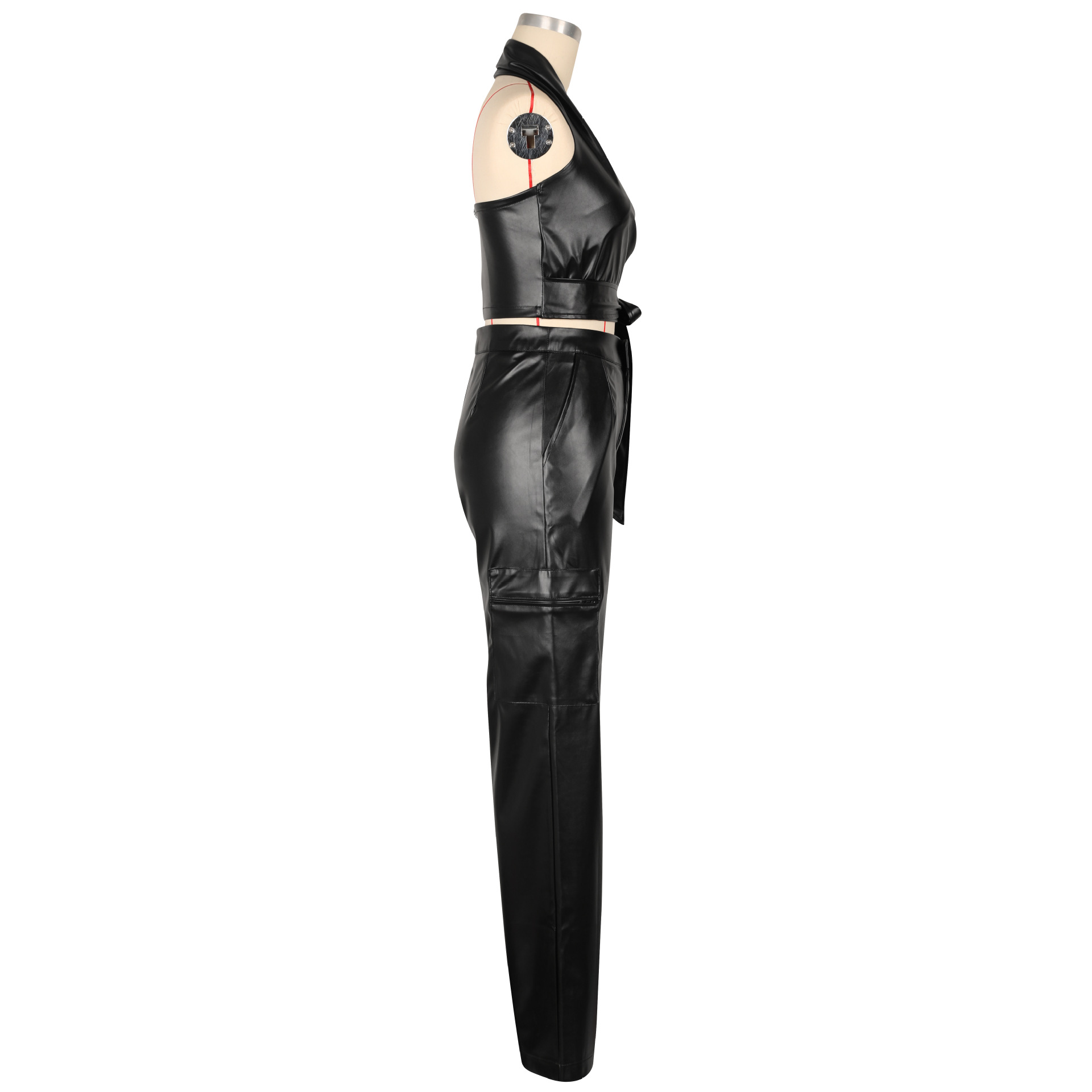 Women Clothing Faux Leather Sleeveless Halter Sexy Leather Pants Two Piece Summer