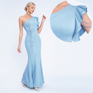 Cross-Border New Style One-Shoulder Slant Collar Ruffle Decoration Bridesmaid Car Model Long Evening Dress Slim Fishtail Skirt Evening Dress