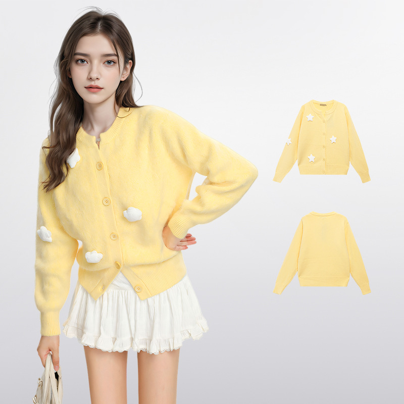 Milk Yellow Raccoon Fleece Slim-fit Knitted Cardigan Women's Autumn and Winter Dopamine Tight Waist Short Outer Wearing Outer Wearing Sweater Coat