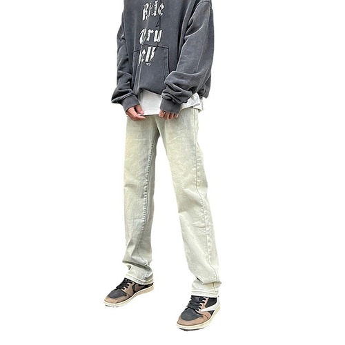 Fall European and American Vibe Streetwear American Retro Yellow Clay Distressed Straight Leg Micro Bell Bottom Pants for Men